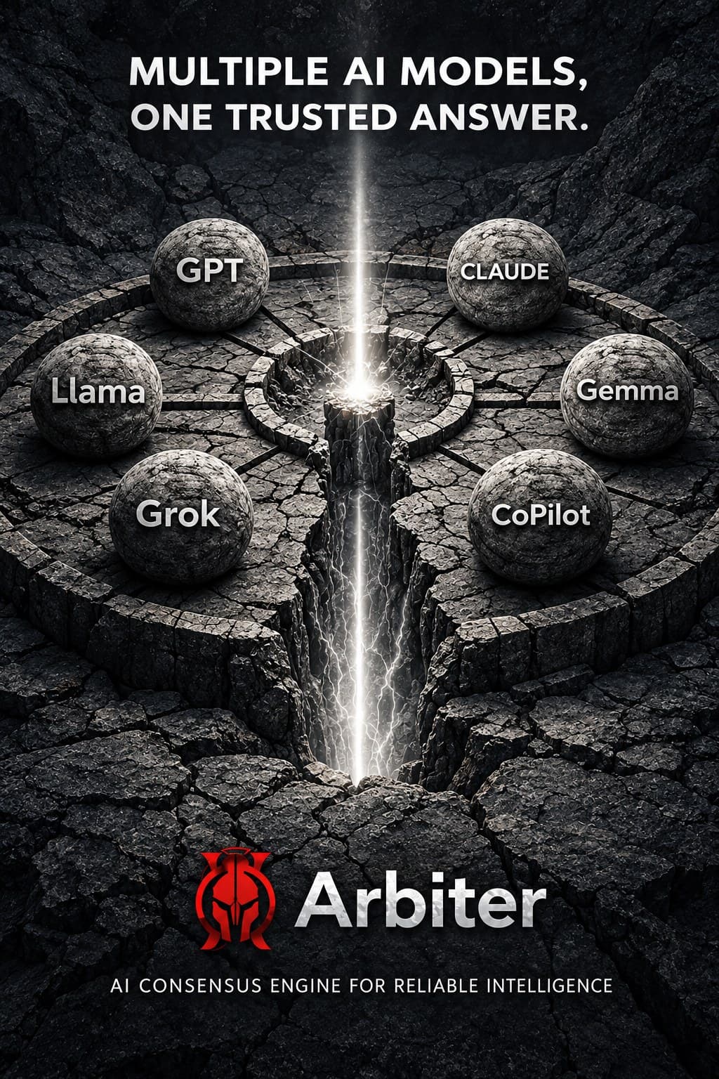 Arbiter conceptual artwork showing multiple AI models around a central light